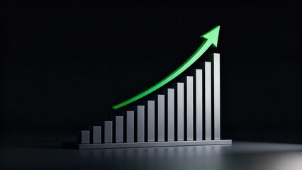 Glossy green arrow arching upward over a reflective metallic gray bar graph indicating financial success and positive growth trend.