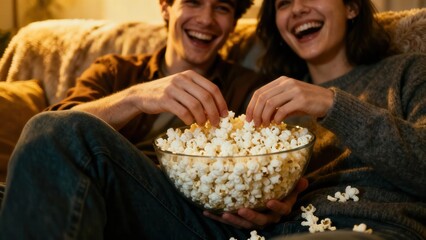 Cheerful young adult couple laughing together, sitting on a sofa and sharing a glass bowl overflowing with white popcorn during a cozy  night.