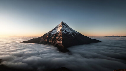 Majestic snow-capped mountain peak rising above clouds at sunrise, warm golden light casting serene atmosphere with rugged landscape