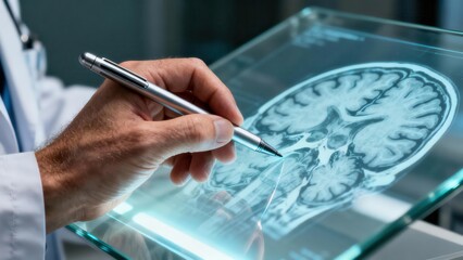 Medical professional utilizes a digital stylus pen analyzing human brain anatomy visible on a glowing holographic screen in a futuristic setting.