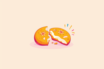 A whimsical illustration features a broken cookie, revealing a creamy filling, set against a soft, pastel background, perfect for food-related designs and cheerful visual content.