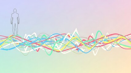 Human Silhouette Observing Dynamic Waves of Abstract Data and Complex Digital Information Flow, Symbolizing Connection in a Technological Future