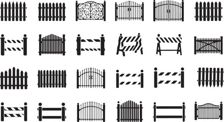 Collection of various wooden and metal gates and fences in black and white