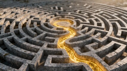 Intricate circular stone maze structure with a bright golden glowing path highlighting the solved route to the center.