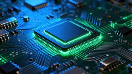 Central processing unit microchip glowing with neon green and blue light surrounded by complex digital circuitry on a dark printed circuit board.