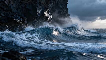Turbulent deep blue ocean waves powerfully crash against massive dark coastal cliff rocks creating white sea spray under a dramatic gray sky.
