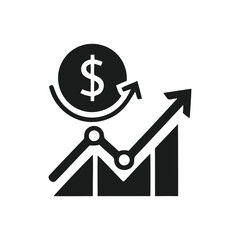 Black and white icon representing financial growth, upward trend, and investment success.