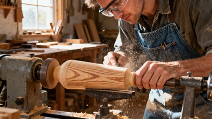 Skilled woodworker wearing protective glasses turns cylindrical piece of ash wood on a lathe, scattering fine sawdust in a bright, rustic workshop.