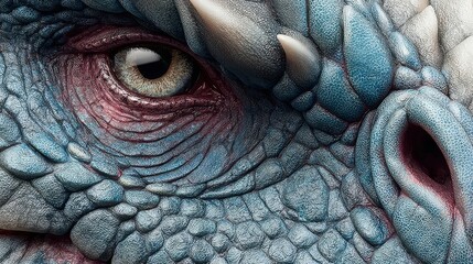 Naklejka premium Close-Up of Blue Dragon's Scaly Skin, Sharp Horns, and Intense Yellow Eye, Fantasy Creature Detailing, Mystical Realm.