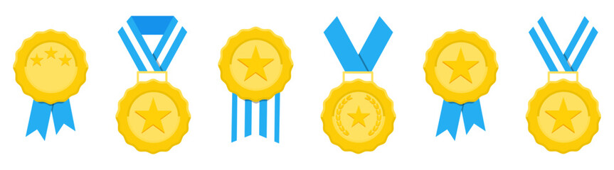 Gold award medals with ribbons and star symbols. Achievement prizes for competition success and victory