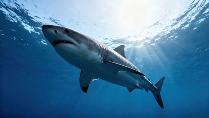 Naklejka premium Large Great White Shark swimming powerfully upwards in deep blue ocean water with bright sunbeams shining through the disturbed surface.