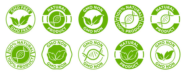 Green organic product and GMO free badge collection. Eco friendly labels with leaves and DNA symbols