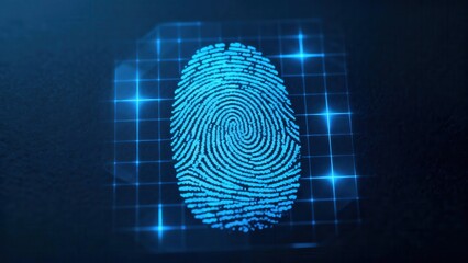 Biometric authentication concept showing luminous blue fingerprint dermal ridges detected by a futuristic digital grid scanner against a dark background.