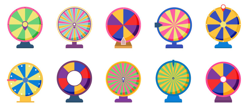 Colorful fortune wheels collection with prize segments. Game spin elements for lottery reward and decision