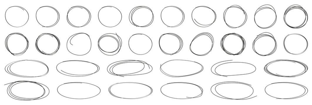 Hand drawn circle and oval sketch outlines. Rough marker style frames for highlighting and emphasis