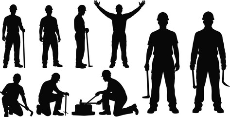 Set of nine construction worker silhouettes wearing hard hats and safety gear holding tools like hammers and shovels for industrial design © astroDev