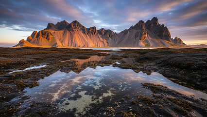 Breathtaking mountain range at sunset, reflecting in puddles on rugged terrain with warm golden light, creating serene atmosphere with natural beauty