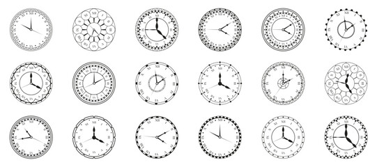 Decorative clock faces collection with roman numerals and ornate frames. Vintage time dials for classic interior