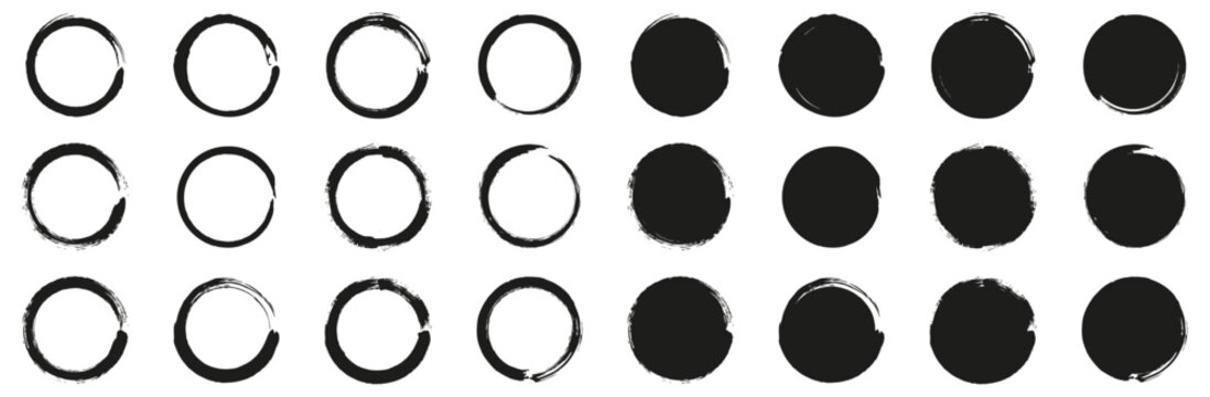 Hand painted circular brush ring shapes. Grunge round frames and solid circles. Abstract vector elements for modern layouts