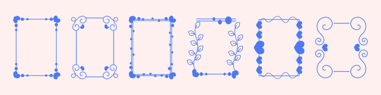 Decorative blue ornamental frames with floral and swirl elements. Elegant thin line borders for invitations and greeting cards