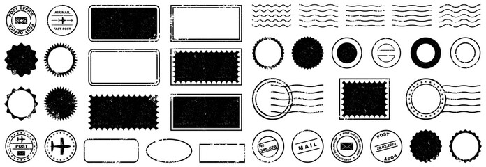 Vintage postal stamp and mail mark collection with distressed textures. Retro black grunge elements for labels and envelopes