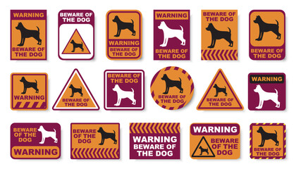 Beware of the dog warning sign collection with silhouettes. Security notice boards in bold contrasting colors