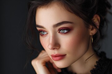 Fototapeta premium Glowing woman showcasing elegant makeup with perfect detailing in a close-up shot with soft lighting and a neutral background