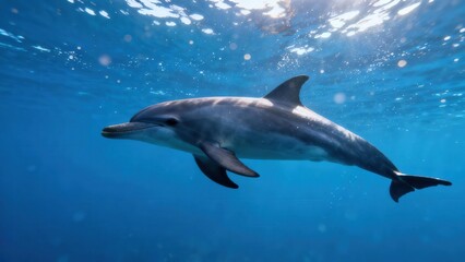 Fototapeta premium Gray common bottlenose dolphin swimming gracefully through clear deep blue ocean water illuminated by bright sun rays.