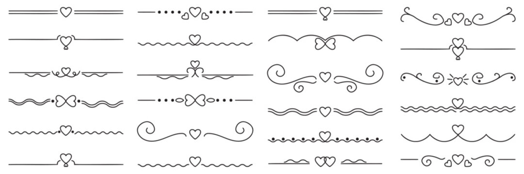 Decorative heart dividers with romantic line ornaments. Elegant separators for wedding invitation and love