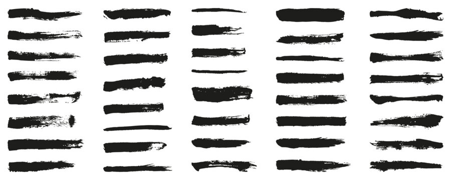 Black grunge brush stroke texture collection. Rough paint marks with dry edges. Expressive vector elements for artistic