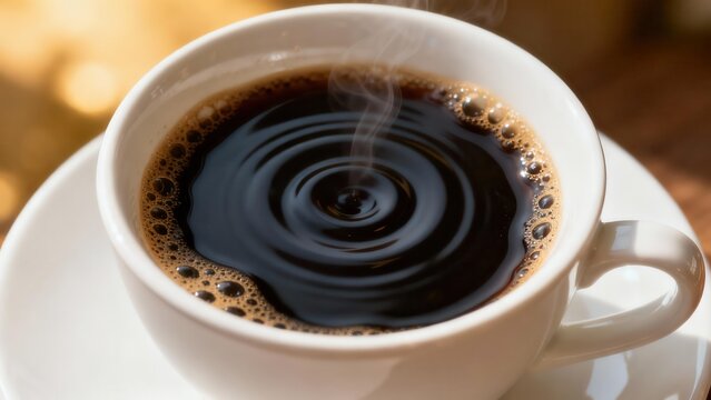 Dark black coffee exhibiting concentric ripples and rising steam inside a pristine white porcelain coffee cup and saucer.