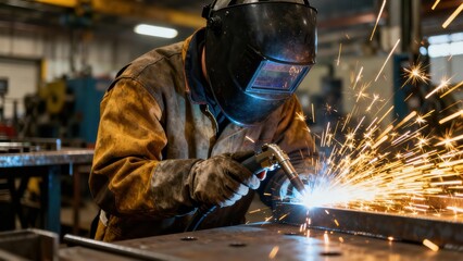 Skilled metal worker wearing a protective mask welds steel, generating intense bright sparks in a dim industrial workshop.