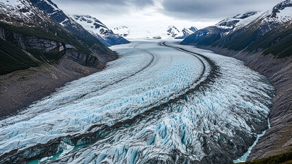 Breathtaking aerial view of a vast glacier, surrounded by snow-capped mountains under a dramatic cloudy sky with natural light