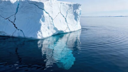 Massive towering iceberg with fractured blue ice reflecting sharply in the calm, deep blue ocean water.
