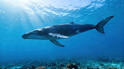 Majestic Humpback whale swimming deeply in the blue ocean water with bright sunlight beams.