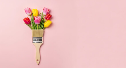 Top view of a paint brush with colorful tulips coming out of it on a pink background, creative spring concept, painting and decoration, copy space for text or design, floral arrangement