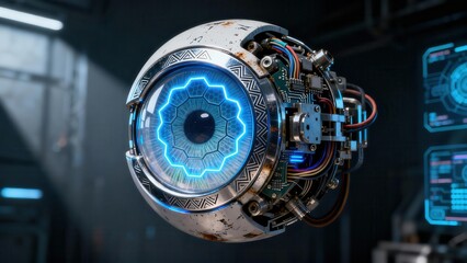 Spherical blue glowing digital iris of an advanced robotic drone featuring exposed circuitry in a dark sci-fi setting.