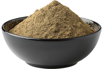 Brown powder in a gray bowl on black background