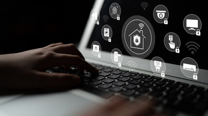 Explore the concept of modern home security with a laptop displaying icons for smart devices, emphasizing connectivity and user protection in a digital age. Gantry
