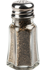 Glass pepper shaker with silver lid on black background