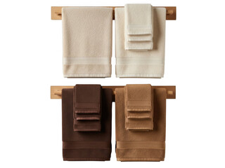Set of four towels on wooden racks isolated on transparent background