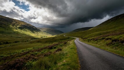 Winding black asphalt road travels through a dramatic green mountainous valley landscape illuminated by shafts of sunlight breaking through dark storm clouds.