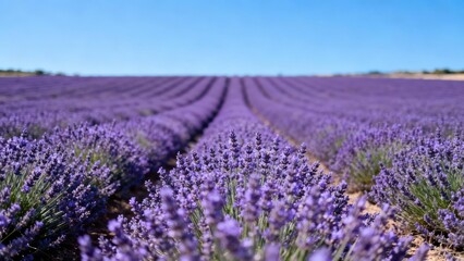 Fototapeta premium Expansive field of blooming purple lavender flowers stretching toward the horizon under clear blue sky.