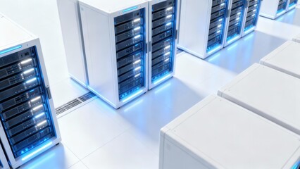 Futuristic data center facility featuring multiple rows of white enclosed server cabinets illuminated with blue neon light accents.