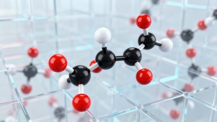 Ball and stick molecular model featuring black carbon, red oxygen, and white hydrogen atoms displayed on a clear glass lattice structure.