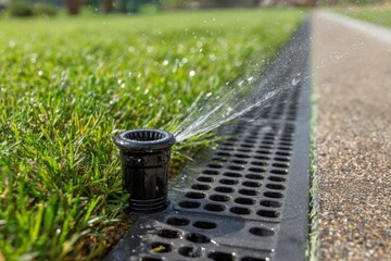 Fototapeta premium Sprinkler system watering green lawn next to drainage area on a sunny day