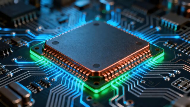 Central processing unit microchip mounted on a dark printed circuit board illuminated by electric blue and neon green traces.