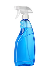 Blue spray bottle with white nozzle on black background