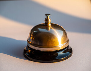 A gleaming brass hotel service bell awaits a ring.
