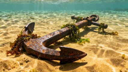 Heavily rusted iron anchor resting on the sunlit sandy bottom of shallow turquoise ocean water with floating seaweed strands.